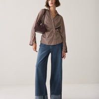Summum Gestreepte Blouse met Drapering – Bordeaux/Ecru