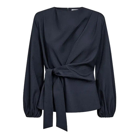 Co´ Couture donkerblauwe blouse LM met strikdetail