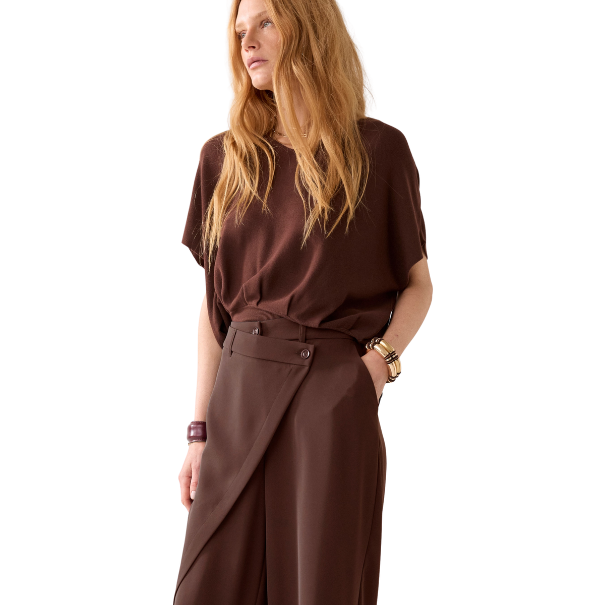 Summum donkerbruine wide leg broek met een schuineoverslagsluiting
